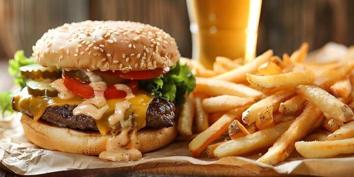 Generous portions of traditional favorites Cheeseburgers, Fries, and Beer. Concept Classic American Dishes, Comfort Food, Pub Grub, Hearty Meals, Indulgent Treats