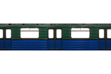Textured body of an old blue subway train car isolated on transparent background.	