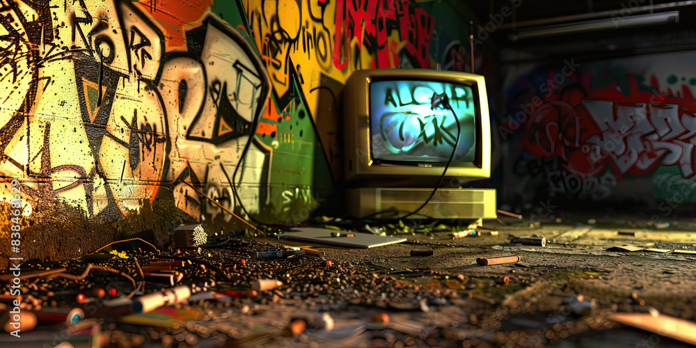 Poster the algorithmic anarchist: a graffiti-covered wall, illuminated by the glow of a hidden computer mon