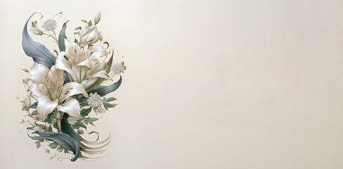 Banner with bouquet of white lilies on creme background. Free space for text.