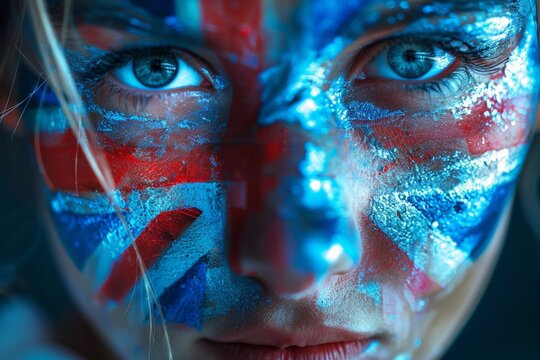  A Woman painted the UK flag on her face