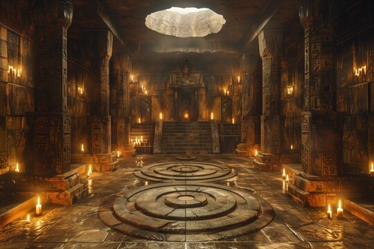 Pyramids of Egypt, inner chambers. Underground ancient temple inside the ruins of Egyptian stone tombs. Watercolor illustration in painting style.