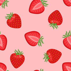 Strawberry seamless pattern.  Background with sweet red berry. Vector cartoon flat illustration.