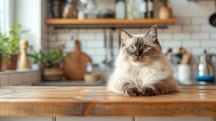 A fluffy Ragdoll cat sits on a wooden kitchen counter, looking directly at the camera. The cat has blue eyes and a soft, white coat. The kitchen is in the background, with a window and other details