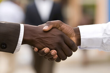 Close-up image showing a professional handshake between two black men, one wearing a black suit and the other in white
