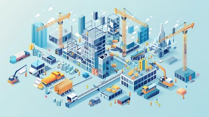 Isometric illustration of a city under construction with cranes, buildings, and vehicles.