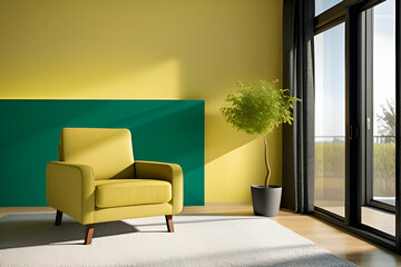 Creative interior design on yellow background with yellow armchair and green plant. Minimal color concept. 3d render 3d illustration