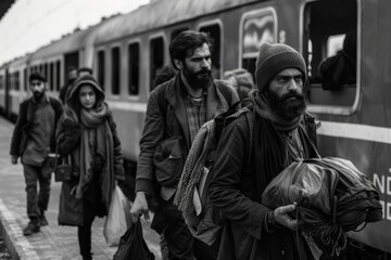 Fototapeta premium Refugees Arriving at Train Station with Belongings, Embracing Hope for New Beginnings