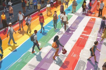 A detailed depiction of a rainbow crosswalk in a bustling city, with people of all ages and backgrounds walking across it, celebrating pride