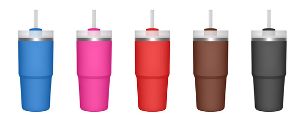 Thermo cup with straw. 20 oz. 3d mockup of a travel thermos. Set of blue, pink, red, blue and black mugs. Tumbler template. White lid
