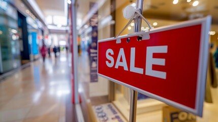 Red For Sale Sign Outside Store Front in Busy Shopping Center