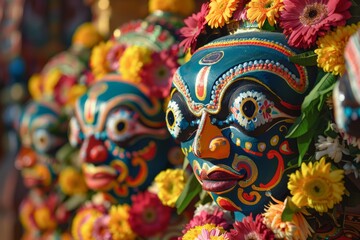Fototapeta premium Colorful Faces of Deities Jagannath, Balabhadra, and Subhadra Adorned with Flowers and Bright Colors