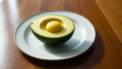 A fresh avocado half with a perfectly ripe yellow seed displayed on a white plate. The vibrant colors and simple presentation make it a visually appealing and healthy food option.