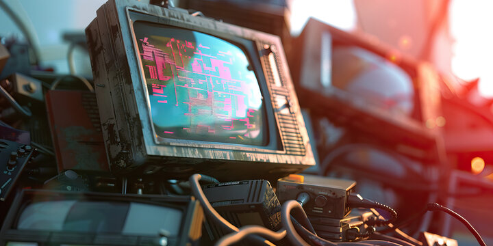 The Vaporwave Visionary: A vintage CRT monitor, its screen filled with distorted, retro animations, sitting atop a heap of obsolete technology.