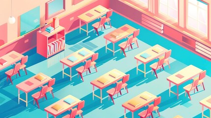Fototapeta premium Isometric illustration of an empty classroom with desks and chairs.