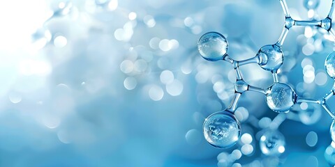 Abstract blue liquid bubbles with molecular structure on scientific cosmetology background. Concept Scientific Cosmetology, Blue Liquid Bubbles, Molecular Structure, Abstract Background
