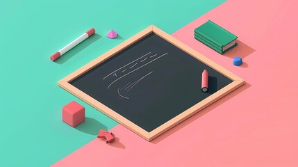 Blank chalkboard with school supplies on a pink and green background.