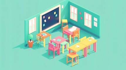 Fototapeta premium Isometric illustration of a colorful classroom with desks, chairs, and a whiteboard.
