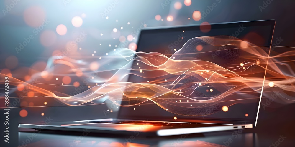 Poster 3d laptop connected to cloud computing on a dark blue backdrop. concept technology, cloud computing,