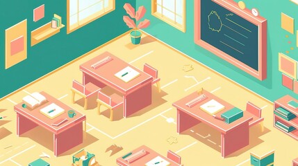 Fototapeta premium Isometric illustration of a classroom with desks, chairs, and a blackboard.