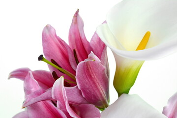 Fototapeta premium Beautiful lily and White calla lilies bouquet isolated on white background