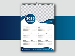 2025 Calendar Template Design,. One page wall calendar design for 2025.  Wall calendar vector for corporate.