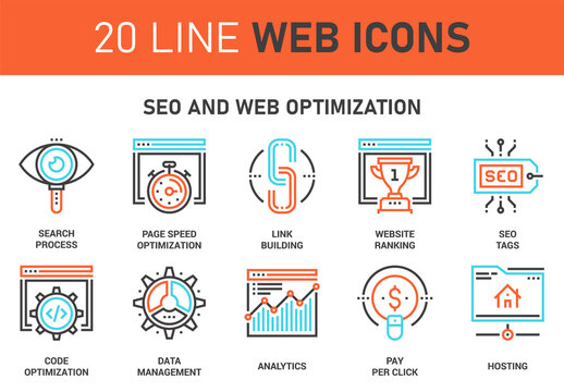 Vector set of SEO and web optimization line web icons. Each icon with adjustable strokes neatly designed on pixel perfect 64X64 size grid. Fully editable and easy to use.