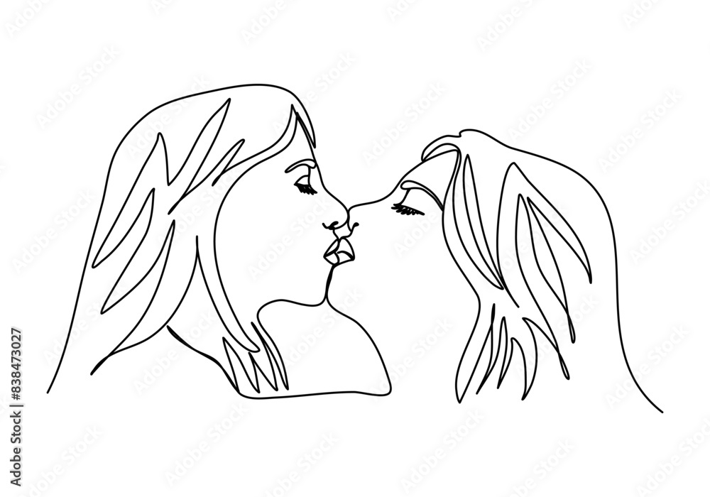 Wall mural Two girls kiss. One line drawing vector illustration.