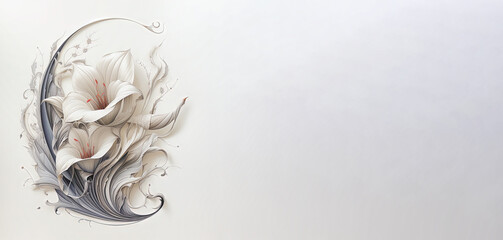 Banner with white lilies on white background. Free space for text.