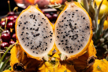 Yellow ripe dragon fruit pitaya,  tasty tropical exotic fruits close up