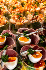 Fancy appetisers made with deafood, tuna fish, eggs, anchovies, shrimps