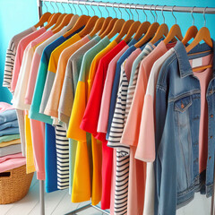 Colorful T-Shirts Hanging on Clothes Rack
