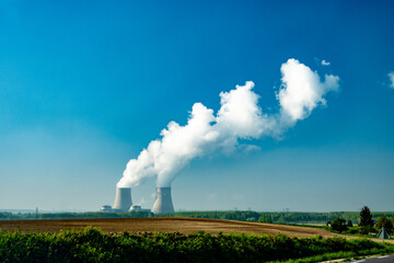 View on cooling towers of nuclear power plant thermal power station in which heat source is nuclear...