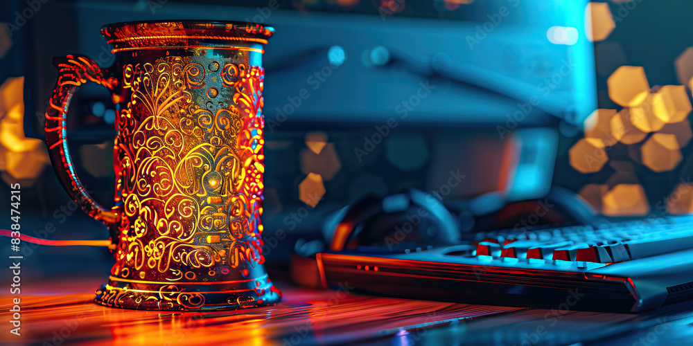 Aufkleber the algorithmic alchemist: a vintage stein, filled with intricate scrolls, beside an open computer.