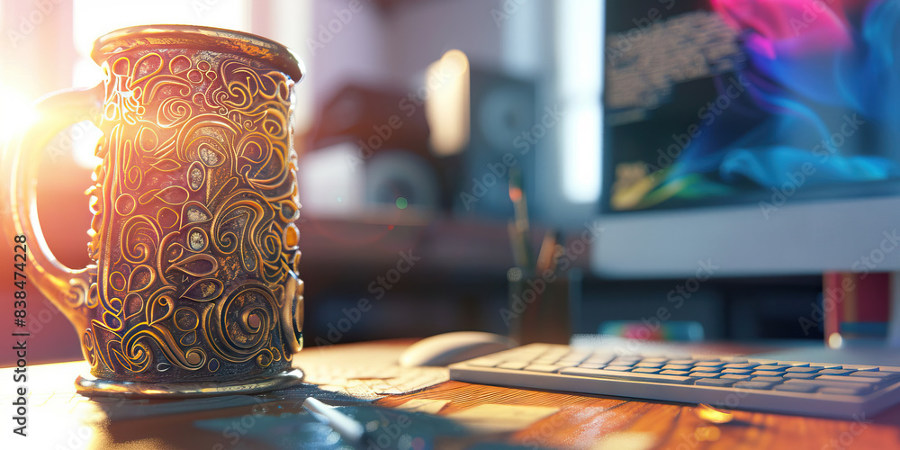Aufkleber the algorithmic alchemist: a vintage stein, filled with intricate scrolls, beside an open computer.