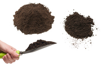 Little green shovel with soil in woman hand isolated.