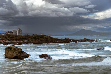 Panoramic view on cliffs, houses, sandy beaches of touristic Biarritz city, Basque Country, Bay of...