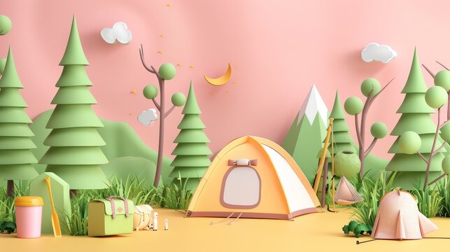 Camping Adventure in Cartoon Papercraft Style - 3D Rendering