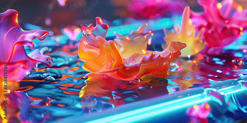 Poster the synesthetic symphony of shapes: vividly colored 3d models dancing on a futuristic touch screen.