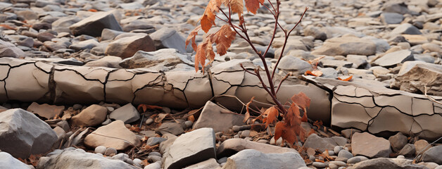 A Cracked and Dry Riverbed, with Remnants of Vegetation Clinging to Survival. Utilize a Warm Color Palette to Emphasize the Aridity of the Landscape