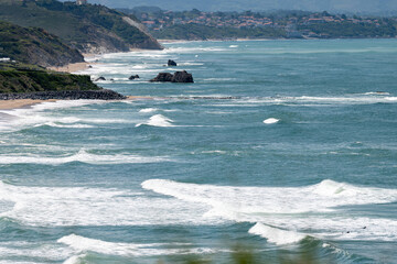 Panoramic view on seashore, cliffs, sandy beaches near touristic Biarritz city, Basque Country, Bay...
