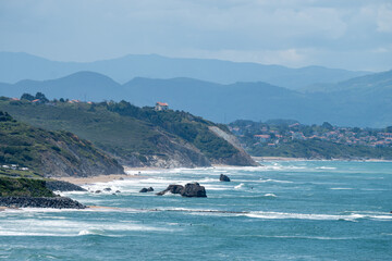 Fototapeta premium Panoramic view on seashore, cliffs, sandy beaches near touristic Biarritz city, Basque Country, Bay of Biscay of Atlantic ocean, France