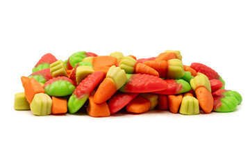 Assorted colorful gummy candies isolated on a white background.