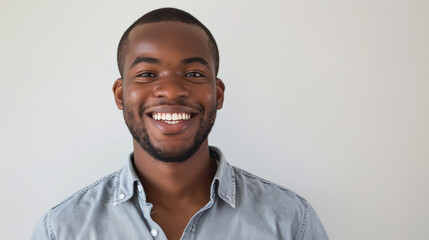 Obraz premium Portrait of a smiling middle-aged man with gray hair and beard, wearing a blue shirt, looking happy and relaxed. 