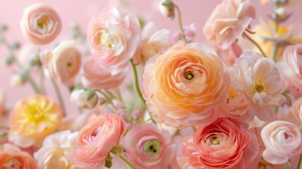 A bouquet of pink and yellow flowers with a pink background