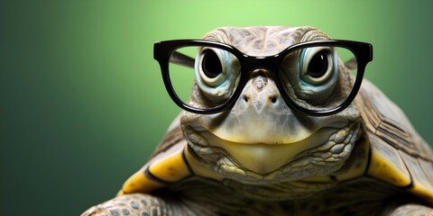 Fototapeta premium Green turtle wearing glasses in a studio setting. Concept Studio Photoshoot, Turtle, Green Color, Glasses, Animal Portraits