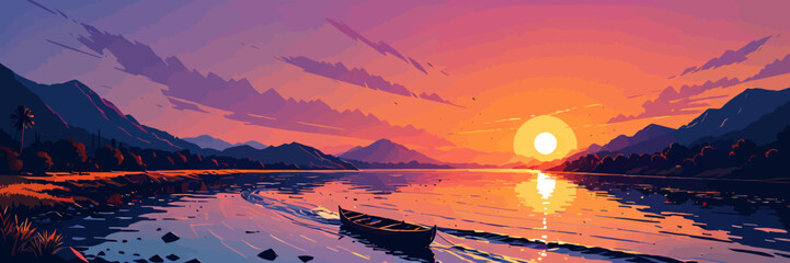 Sunset, river background landscape illustration vector graphic, Sunrise, warm colors vectorized mountain land view graphic 