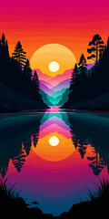 Sunset, river background landscape illustration vector graphic, Sunrise, warm colors vectorized mountain land view graphic 