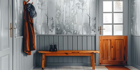 Scandinavian Farmhouse Hallway Featuring Wooden Bench, Coat Rack, and Glass Wallpaper. Concept Scandinavian Design, Farmhouse Style, Hallway Decor, Wooden Furniture, Glass Wallpaper
