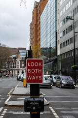 Transportation in London city, roads, road signes, street signes, warnings, indicating of directions in Great Britain, city life in England